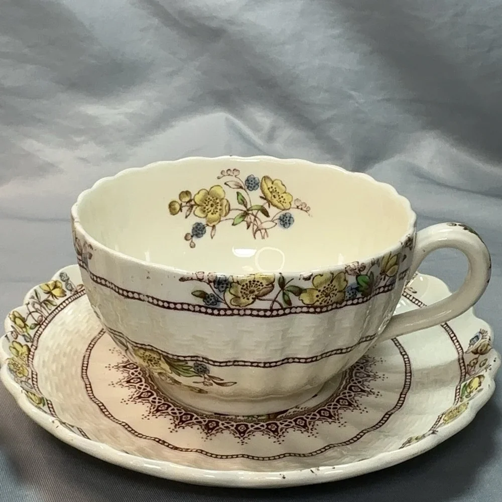 Spode Buttercup Teacup Saucer Set‎ Copeland England Scalloped Floral Old Mark